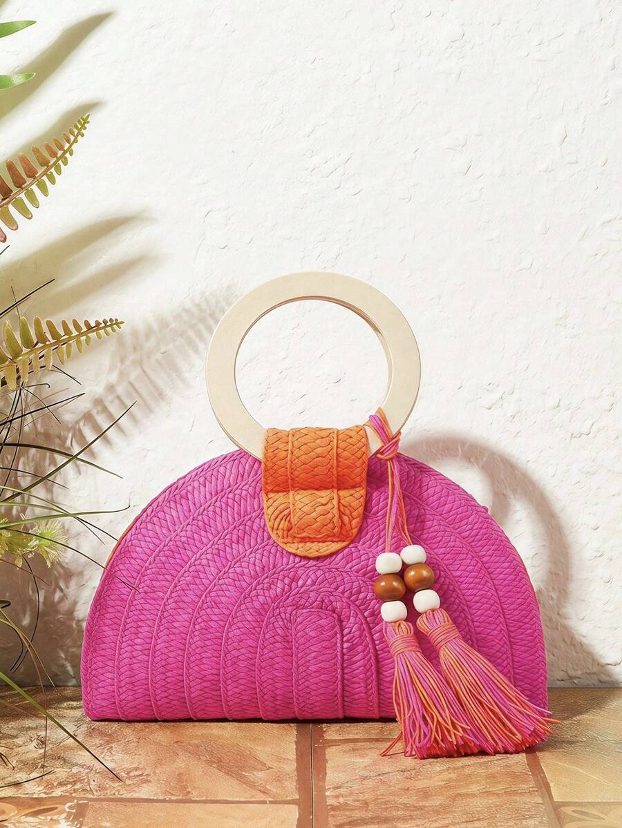 Paper Straw Color - Damen-Handtasche mit rundem Holzgriff, zweifarbig, aus