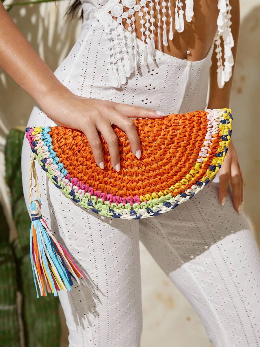 Paper Straw Color - Damen-Clutches, Strohtasche, Bunte Quasten, Modisch, Elegant,