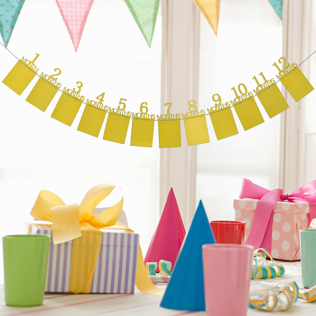 Party Banner Gold - 12-teiliges Foto-Wandbanner für Babys 1. Geburtstag